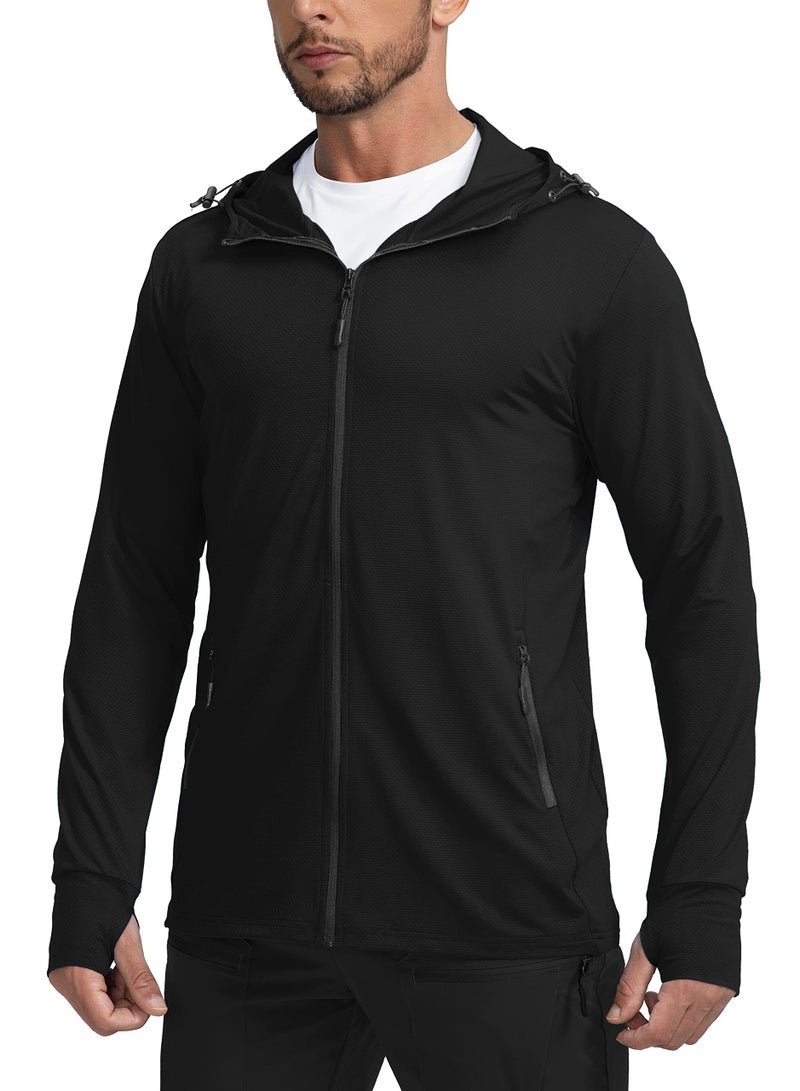 Sejuani Men's UPF 50+ Light Jacket Full Zip Sun Protection Hoodie Long Sleeve Sun Shirts for Men Hiking Fishing Zip Pockets(Black_XXL) - Image 1